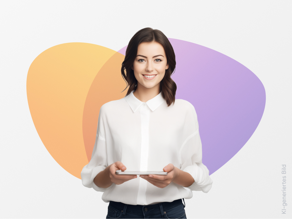 Werbeimage für N.O.A. KI-Editor (Frau mit Tablet in der Hand) | KI-generiertes Bild